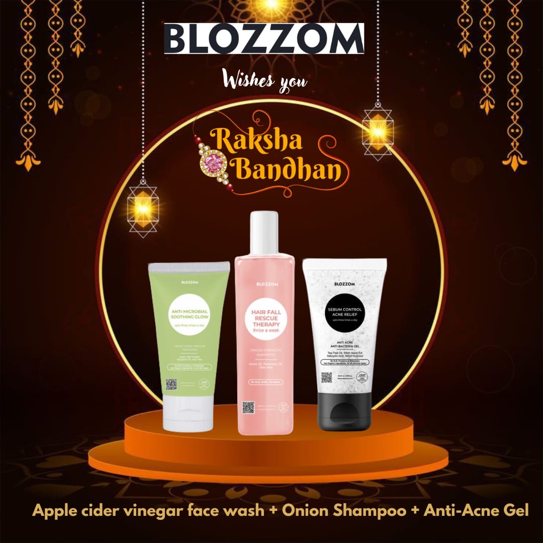 Blozzom Rakshabandhan Gift Box with Face Wash, Shampoo & Anti Acne Gel For Her With Custom Image